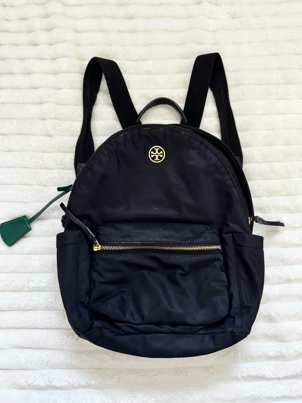 Tory Burch Black Nylon Backpack with Gold Hardware and Green Tag